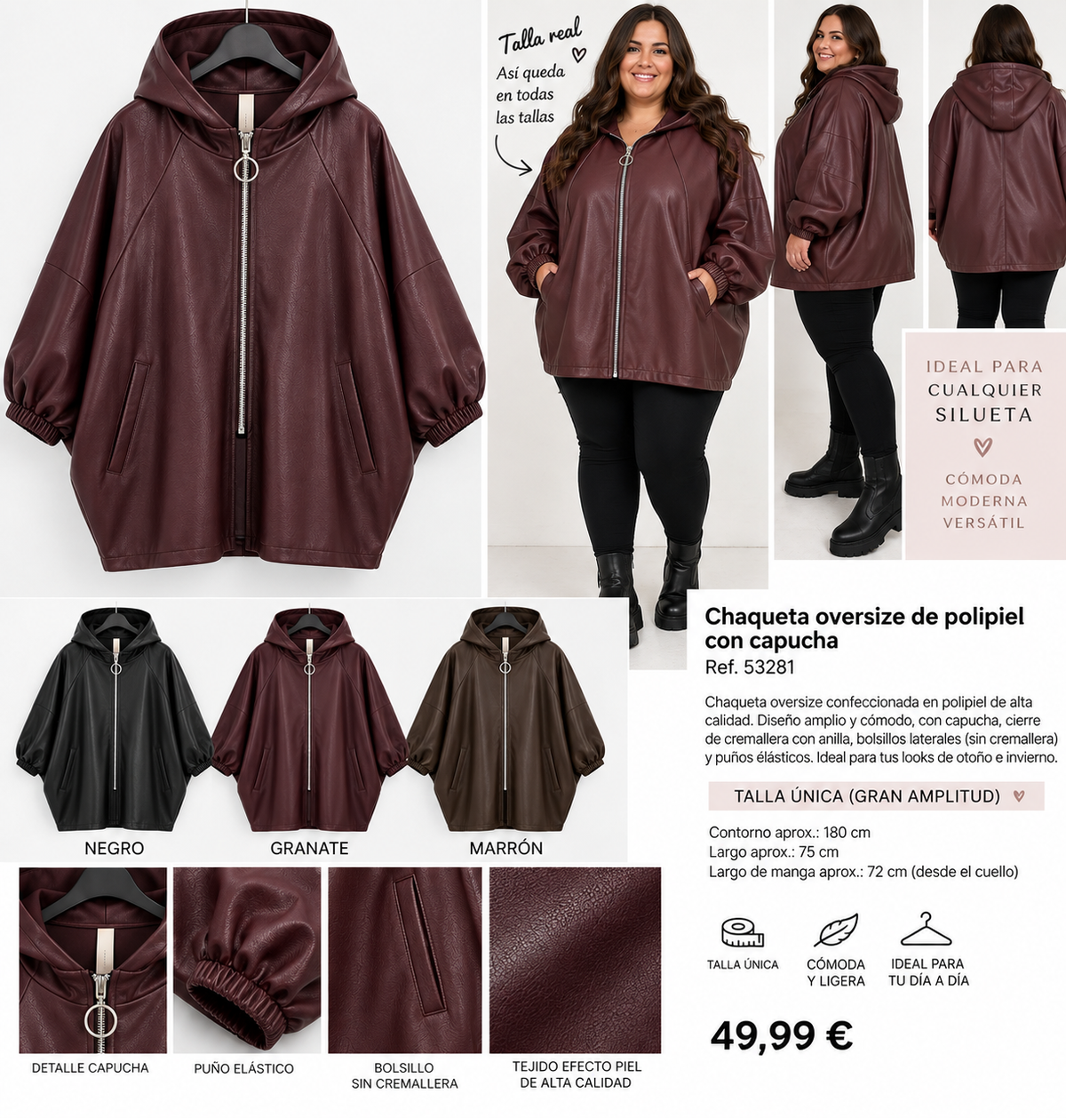 Chaqueta oversize 53281 granate en modelo de talla grande