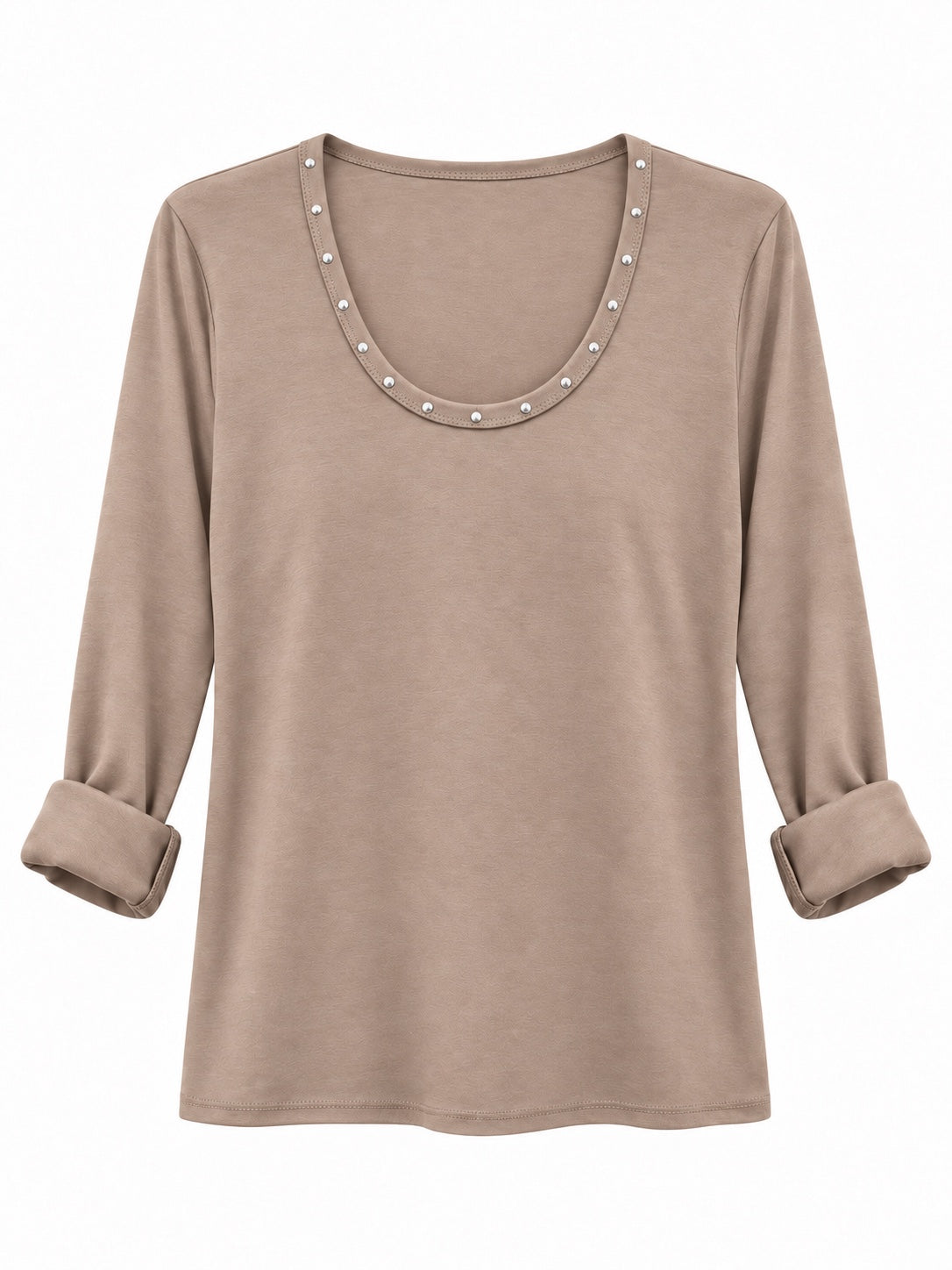 Camiseta con tachuelas en el escote beige, referencia 69917