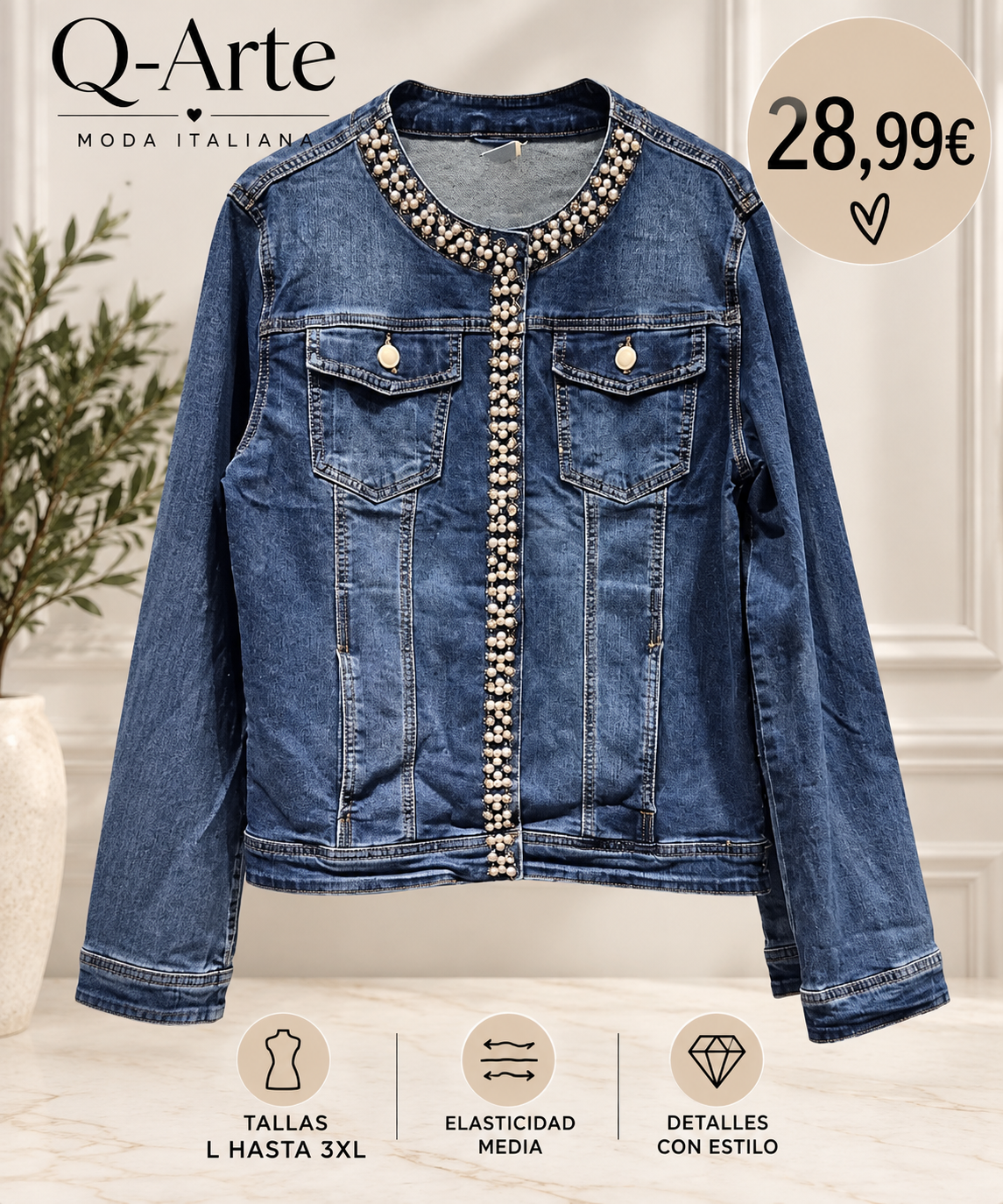 Chaqueta vaquera D4888 con detalles de perlas