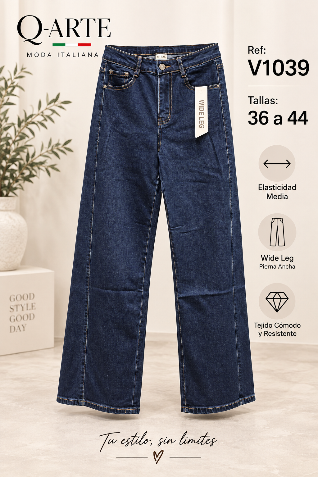 Vaquero Wide Leg V1039 azul oscuro - Q-Arte