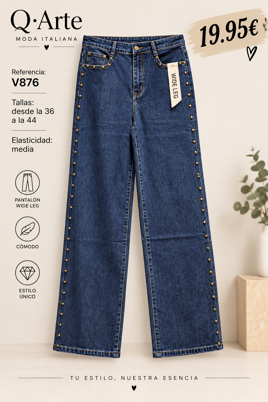 Vaquero wide leg V876 con tachuelas