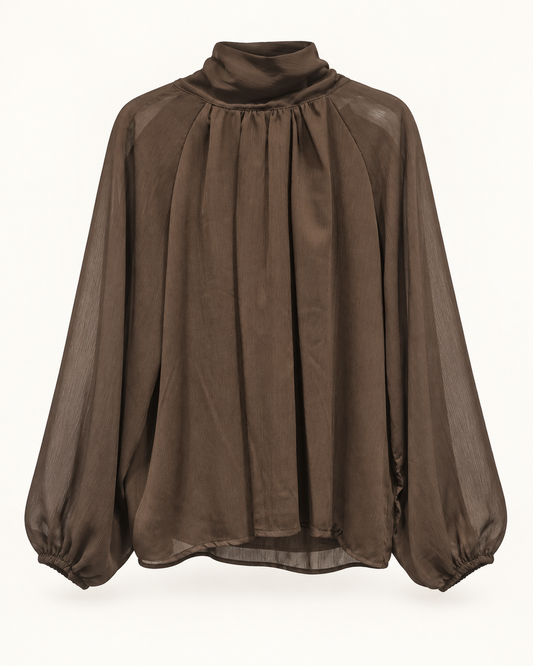 Blusa lazada de manga larga color marrón, vista frontal
