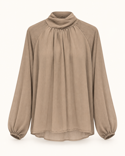 Blusa lazada de manga larga color taupe, vista frontal