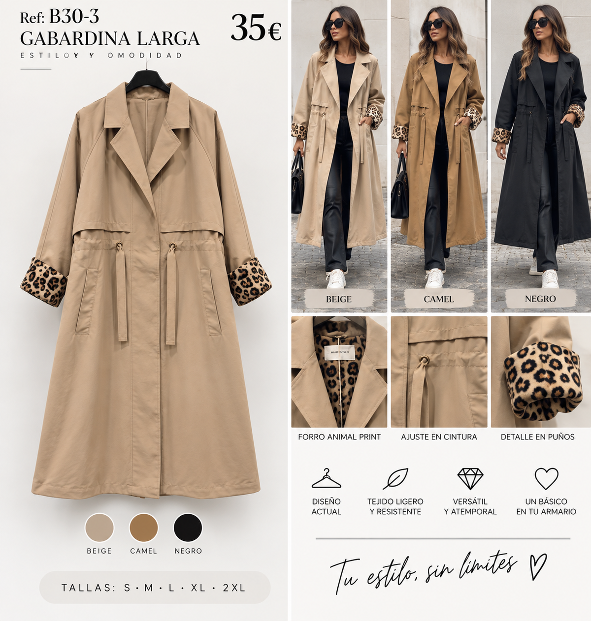 Gabardina B30-3 con modelo y detalles