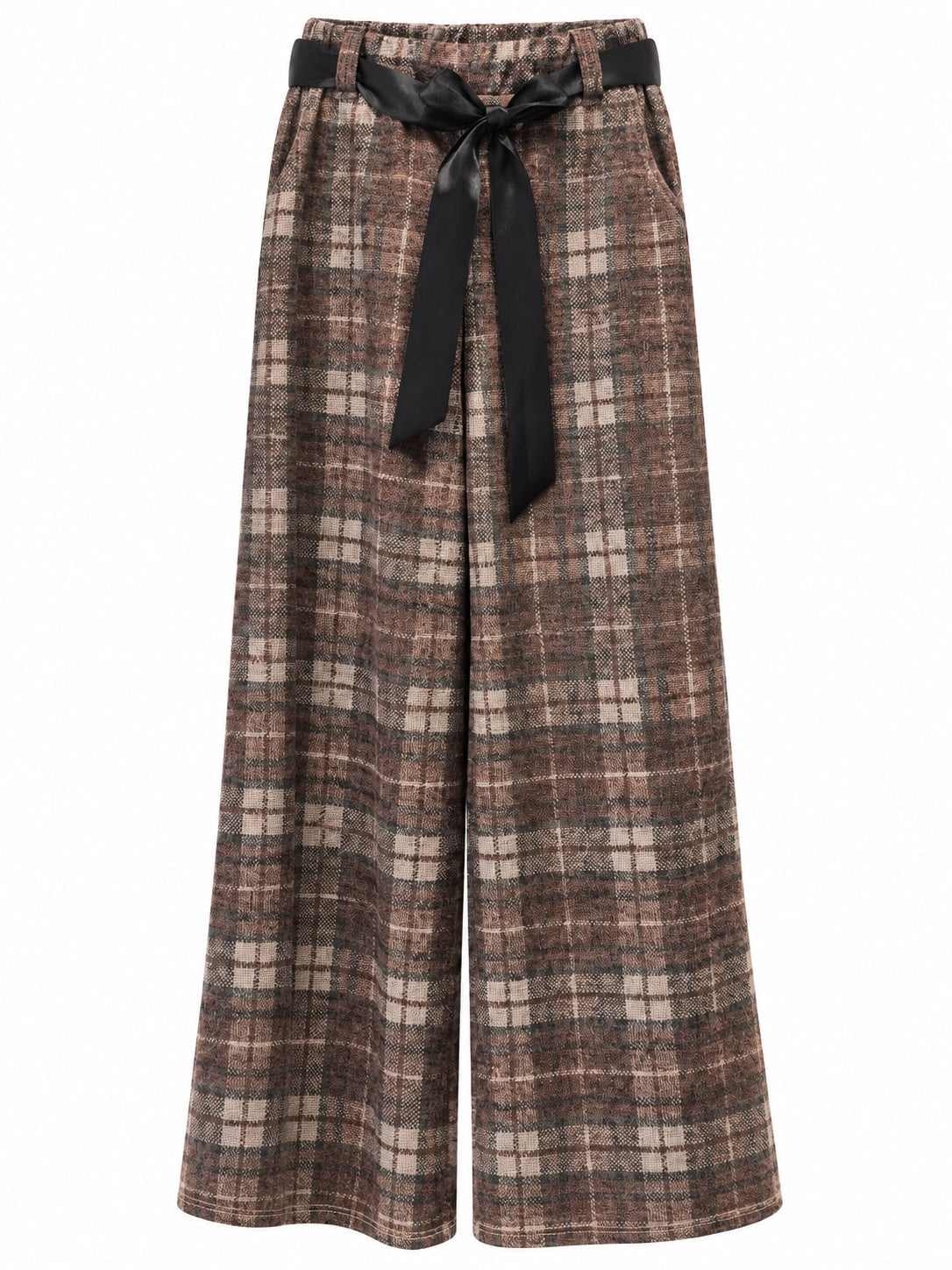 Pantalón palazzo de cuadros marrón con lazo negro