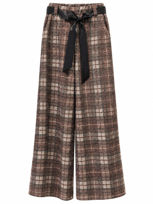 Pantalón palazzo de cuadros marrón con lazo negro