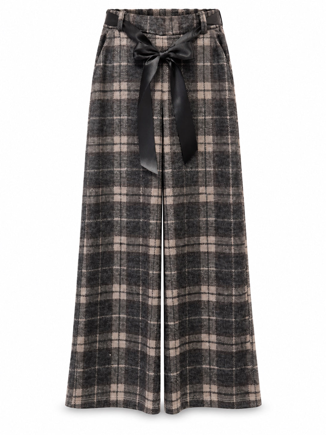 Pantalón palazzo de cuadros negro con lazo negro