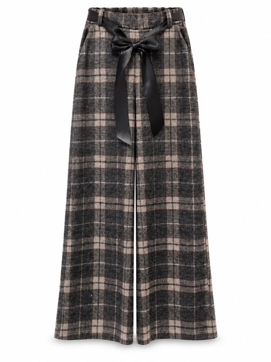 Pantalón palazzo de cuadros negro con lazo negro